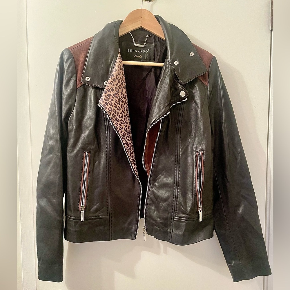 Bernardo Black Leather Jacket with Leopard Lining